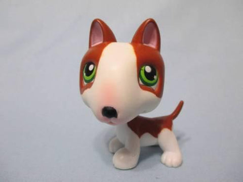 LIKE NEW Littlest Pet Shop Dog Bullterrier Bull Terrier 154 Brown White Green Eyes Authentic SEE VIDEO Jun12ni