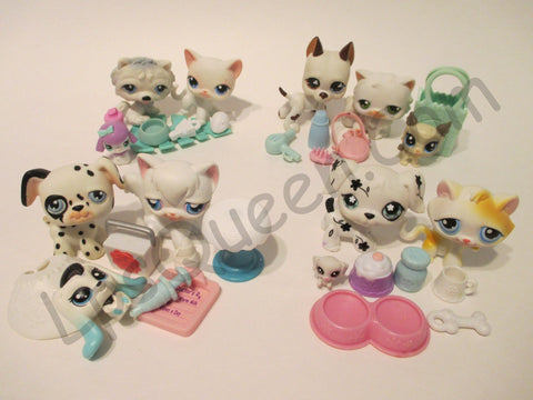 Littlest Pet Shop Random Lot White Cat Dog 6 Pcs 3 LPS 3 Accessories Authentic