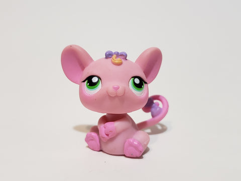 LIKE NEW Littlest Pet Shop 303 Pink Mouse Rat with Light Purple Bows and Green Eyes Authentic Lps  Mar10npo43
