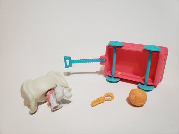 LIKE NEW LITTLEST PET SHOP 65 WHITE MALTESE DOG w/ WAGON & BALL 2005 LPS Set MAR21J
