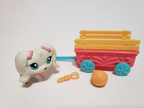 LIKE NEW LITTLEST PET SHOP 65 WHITE MALTESE DOG w/ WAGON & BALL 2005 LPS Set MAR21J