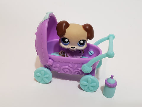 LIKE NEW Littlest Pet Shop Baby Boxer Puppy Dog 143 with Purple Stroller Original Accessory Authentic APR07