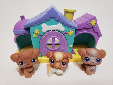 Littlest Pet Shop Triplet Poodle Dog Puppy 37 38 39 Set W Random Triplet Dog House Authentic APR09J  SEE VIDEO