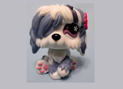 LIKE NEW LITTLEST PET SHOP 702 Sheepdog Dog White and Purple Pink Flower Puppy Authentic Apr22n