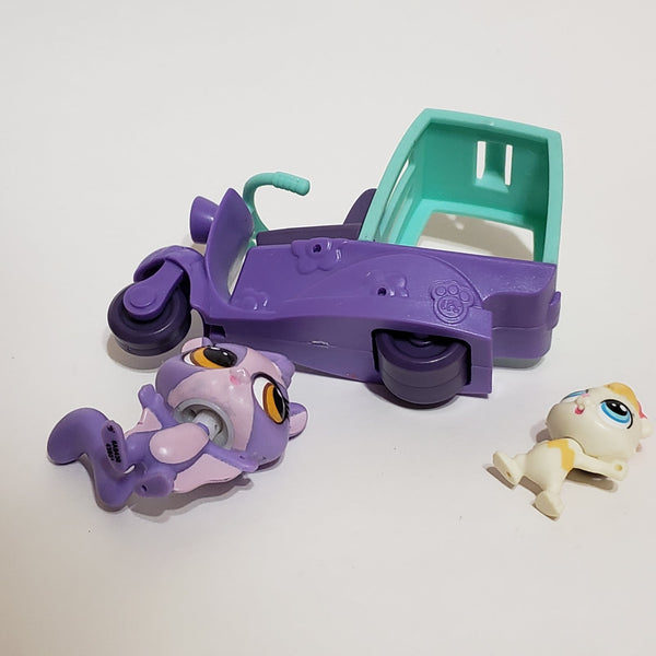 LIKE NEW Littlest Pet Shop Blue Purple Bike Truck Scooter Motorcycle with 2 Pets Authentic LPS Comes As Shown Sep22ni
