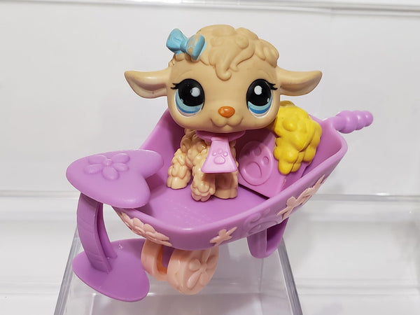 Littlest Pet Shop Peach Tan Brown Lamb Sheep 447 Blue Eyes & Bow w/ Purple Pink Accessories Set Authentic Blemished As Shown Jan22ni