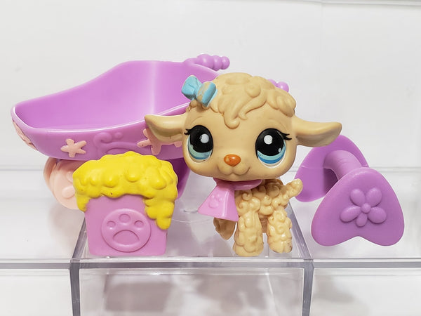 Littlest Pet Shop Peach Tan Brown Lamb Sheep 447 Blue Eyes & Bow w/ Purple Pink Accessories Set Authentic Blemished As Shown Jan22ni