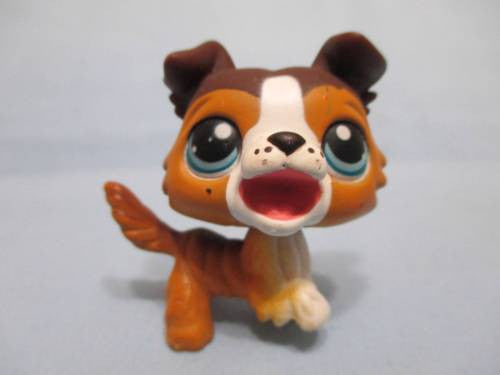 LIKE NEW Littlest Pet Shop Collie Dog Puppy 237 Open Mouth Brown Tan White LPS Authentic Mar31npo60
