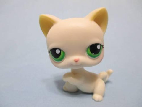 LIKE NEW Littlest Pet Shop LPS White & Yellow Cat 98 Shorthair Short Hair Paw Up Green Eyes Kitty Authentic LPS SEE VIDEO Apr21n