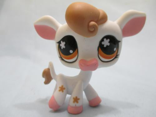 Littlest Pet Shop  #476 Cow With Yellow Bell Brown Eyes White Tan