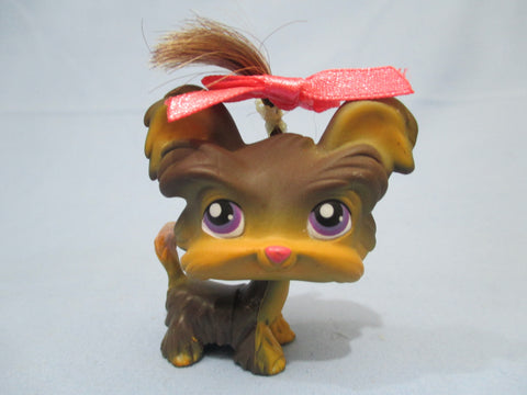 LIKE NEW Littlest Pet Shop Brown Yorkie Yorkshire Terrier 398 with Original Pink Bow Accessory Authentic Lps Apr22n